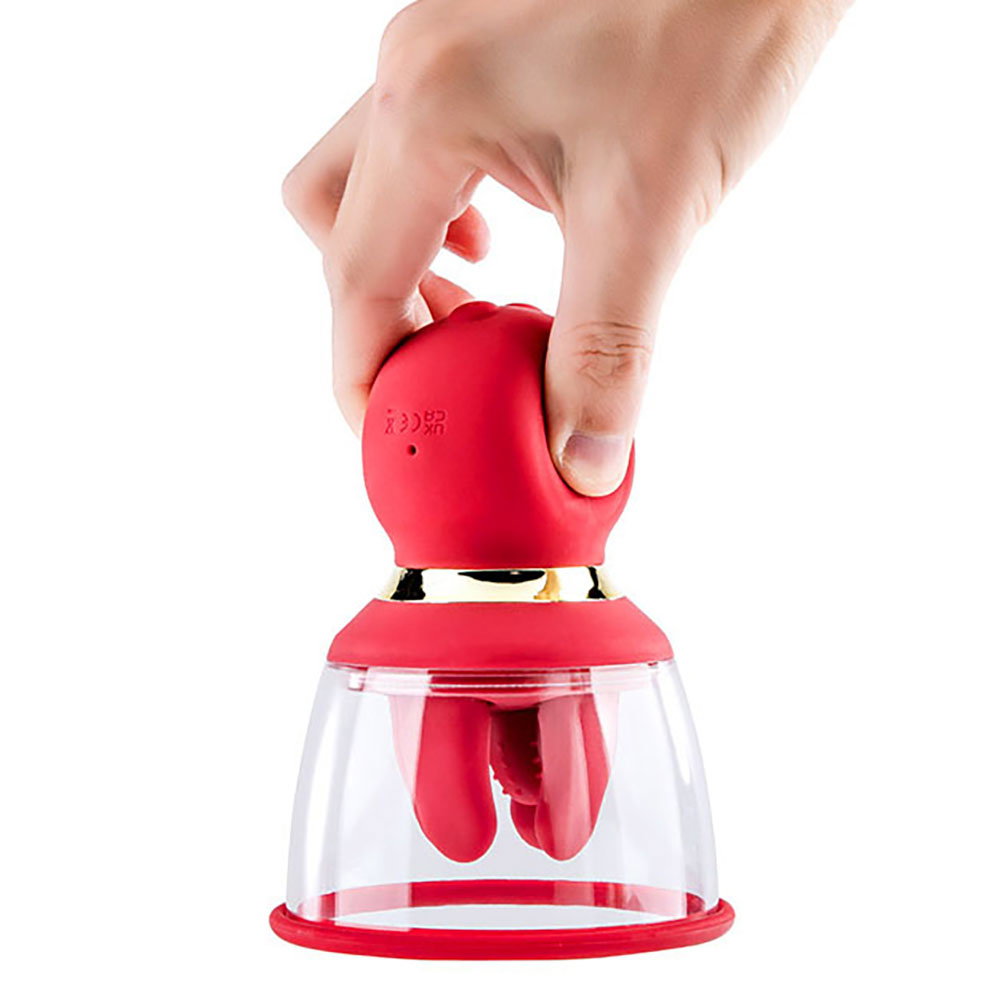 Adam & Eve Squeeze-N-Please Pump in red, a transparent cup stimulator with massaging fingers and squeeze bulb